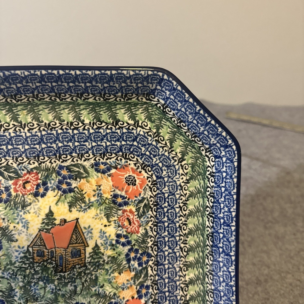 Polish Pottery Square Platter Cabin Meadow UNIKAT 4018 Signd M. Starzyk Poland - Picture 4 of 9